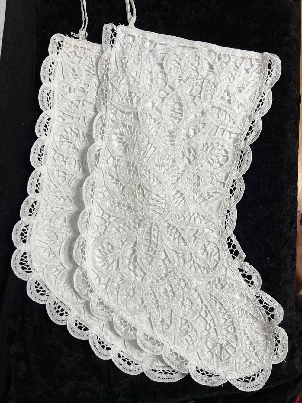 Set of 2 Battenburg Lace Christmas Stockings White
